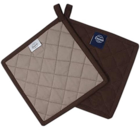 Encasa XO Maniques de Cuisine, Repose Plat Coton 8 Taupe foncé et Beige | Isolation Thermique Matelassée | Boucle de Suspension | Protection des Mains | Lavables en Machine | Lot de 2