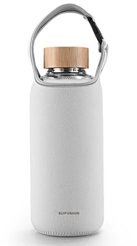 SIJIFUSHUN Glass Water Bottle 1.5 Litre, Borosilicate Glass with New Thickened Sleeve, 1500ml Sport Bottle Glasses with Steel Filter (White)