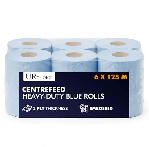 UR CHOICE Blue Centrefeed Paper Tissue Rolls, Multipurpose 2-Ply Laminated Kitchen Towel for Home & Commercial Cleaning (6 Rolls (125M))
