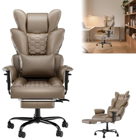 LZQ Ergonomischer Bürostuhl Leder Chefsessel mit Fußstütze, Gaming Stuhl Computerstuhl aus PU, 90-150° Verstellbare Rückenlehne, Höhenverstellbare Armlehnen, 150kg Belastbar für Büro, Braun