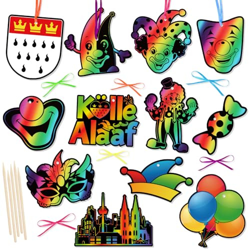 DPKOW 36 x Köln Karneval Kratzbilder für Kinder Scratch Painting, Kratzpapier Regenbogen für Kölner Karneval Basteln Kinder Beschäftigung Fasching Kölle Dom Narrenkappe Clown Deko DIY