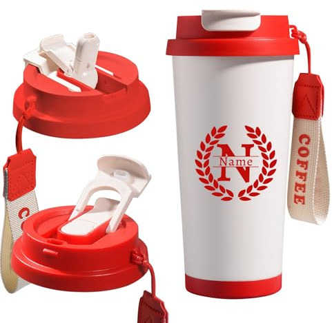 Mug Isotherme Café en Métal Personnalisée avec Motifs et Texte, mug isotherme avec paille, cadeau unique (Rouge)