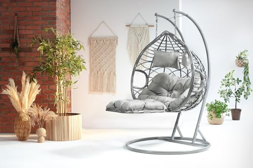 MAT-COMPANY 2-Sitzer Hängesessel mit Gestell Garten Terrasse Outdoor grau mit Verstellbarer Grauer Fußstütze