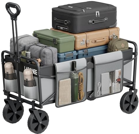 LARMNEE Chariot de Transport Pliable, Chariot de Jardin et de Camping Portable, Poignée Réglable, 4 Roues Renforcées (dont 2 Pivotantes), Capacité de Charge 120 kg, Volume 90 L, Noir et Gris EBG01BW02