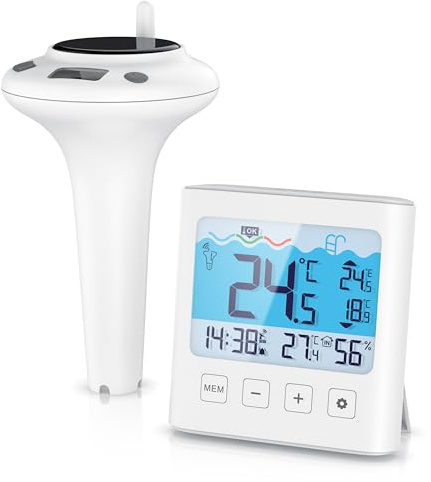 CSL – Funk Poolthermometer mit Display – Solar - Temperaturanzeige – Luftfeuchtigkeit – Innen- & Außentemperatur - Pool Schwimmbecken Schwimmbad Whirlpool - Pool Thermometer