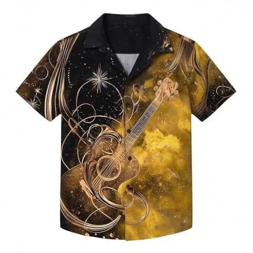 Chemise à manches courtes pour homme avec boutonnière - Haut noir avec impression de guitare - Chemise moderne artistique légère et respirante pour l'été, les vacances, les fêtes, les festivals