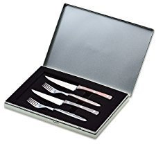 Giesser Steakbesteck, bestehend aus 2 Steakmessern und 2 Steakgabeln mit POM-Griff in einer Aluminiumbox