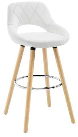 WOLTU Taburete Cocina Alto con Respaldo Ahuecado y Reposapiés, para Bistro, Cafeteria y Cocina, con Funda de Piel Sintética y Patas de Madera, Blanco