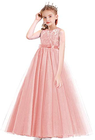 MYRISAM Filles Pageant Robe de Princesse en Dentelle sans Manches Robe de Mariage Soirée Carnaval Communion Anniversaire Cérémonie Noël Fête Longue Tulle Bal Rose pêche 4-5 Ans