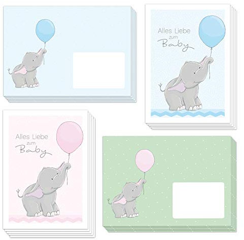 10 niedliche Glückwunschkarten zur Geburt ELLY ELEFANT DIN A6 inklusive 10 Briefumschlägen (5 in rosa und 5 in hellblau) - alles Liebe zum Baby (10 Karten und 10 Umschläge)