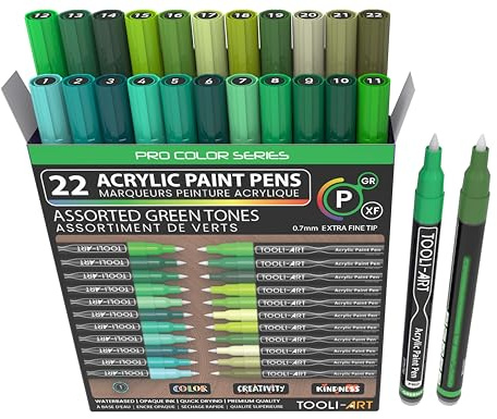 Akrylfärgpennor 22 olika gröna Pro Color Series-markörer ställer in 0,7 mm extra fin spets för stenmålning, glas, muggar, trä, metall, duk, DIY-projekt, disposition, detaljering. Ej giftigt
