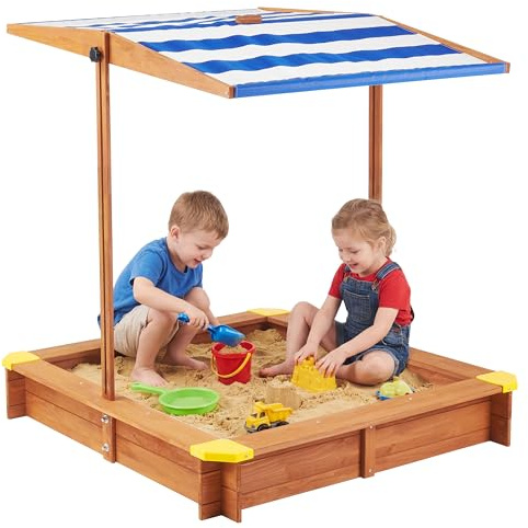 Kid's Sandbox with Cover, 46''x46'' Outdoor Wooden Sandpit w/Adjustable Canopy for Backyard Play