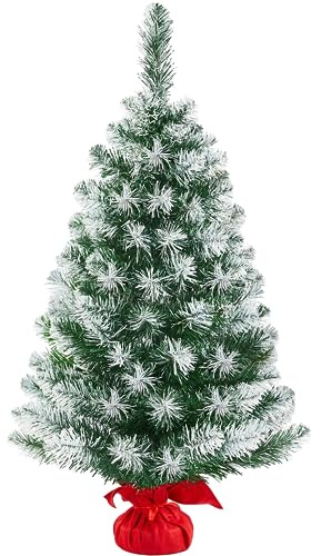 Yaheetech 90cm Mini künstlicher Weihnachtsbaum mit Schnee, Tisch-Christbaum | Kleiner Tannenbaum mit flammhemmenden PVC Spitzen & Zementbasis für Weihnachtsdekoration