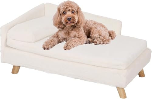 BingoPaw Luxus Hundesofa Hundecouch mit Rückenlehne Plüsch Kissen Holzbeinen, erhöhtes Hundebett Hundesofa für mittlere kleine Hunde, katzensessel für große Katzen, 80x50x39cm Beige