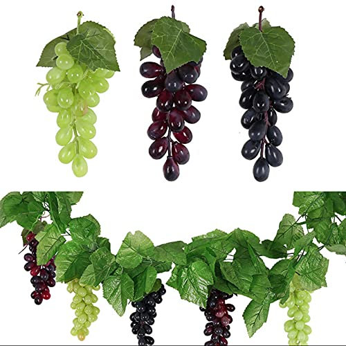 DRYEN 12 Bündel künstliche Trauben Cluster, 17,8 cm, 36 Kapseln, künstliche Früchte, Trauben, Requisiten für Zuhause, Hochzeitsdekoration (grün, lila, schwarz)