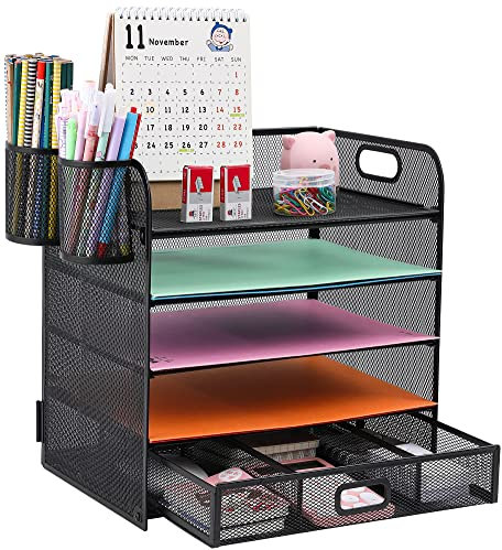 Vikmyer 5-Fach Schreibtisch Organizer mit Schublade, Mesh Schreibtisch Datei Organizer mit Griff, Papier Sortier Organizer für Brief/A4 Büro Datei Ordner Halter (2 Stift Halter)