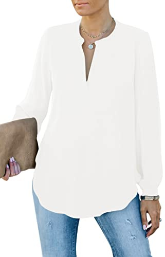 Homlan Damen Bluse Elegant V Ausschnitt Langarm Arbeit Oberteile Casual Tunika Henley Langarmshirt Einfarbig Lose Hemdbluse (8229XX-Large, Weiß)