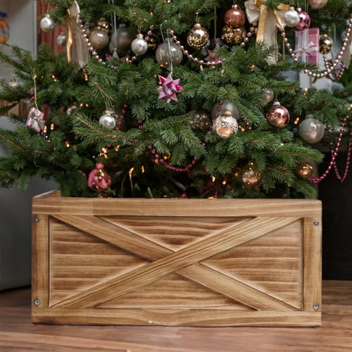 JIWINNER Weihnachtsbaum Kragen Box, 44,5 cm L Braun Holz Baum Halsband, Weihnachtsbaumständer Abdeckung, Baumrock Box für unten 6ft Weihnachtsbaum Dekoration