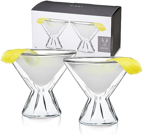 Viski Double Walled Cocktail Glasses - Insulated Martini Glasses with Cut Crystal Design - Dishwasher Safe Borosilicate Glass 8.5oz Set of 2