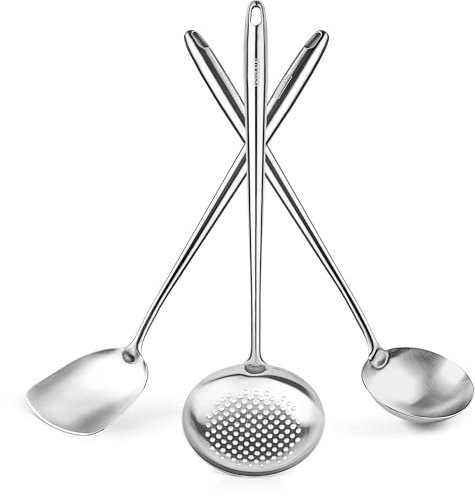 Yosukata 43 cm Wok Spatula and Ladle Skimmer Spoon - 304 Stainless Steel Cooking Utensils Set of 3 - Kitchen Utensils Set - Dishwasher Safe Wok Accessories - Cooking Tools