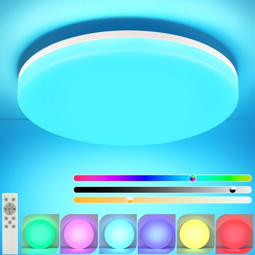 muyuua Deckenlampe LED Deckenleuchte Schlafzimmer - Ø28CM Schlafzimmerlampe Dimmbar mit Fernbedienung 24W Küchenlampe RGB Farbwechsel Deckenbeleuchtung Badlampe Flach Flurlampe IP54 für Küche Flur Bad