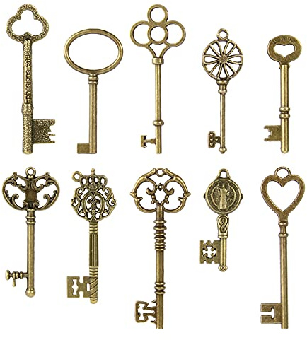 ZLKSKER Filigrane Steampunk-Schlüssel, doppelseitiges Vintage-Skelett-Schlüssel-Set, antike Bronze Charm-Anhänger, 10 Stück