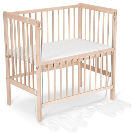 FabiMax Baby Beistellbett für Boxspringbett Flex Natur, stufenlos höhenverstellbar, Buchenholz massiv, naturbelassen, inkl. Matratze Comfort