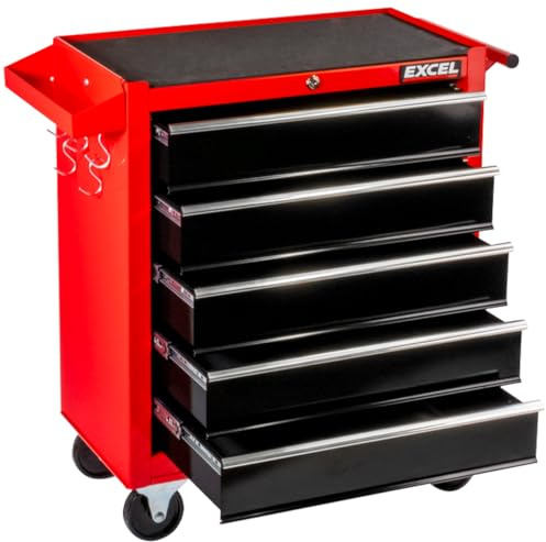Excel 25 5 Drawer Tool Chest Cabinet with Wheels Red Steel Storage, 5 Drawer Black Steel Tool Cabinet, Rolling Tool Storage Box for Garage Workshop Mechanic