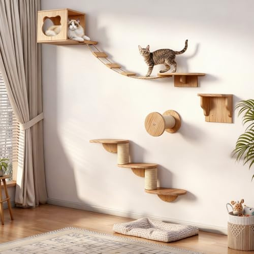 JAZUIHA Katzen Kletterwand 4er Set XXL,Wandmontage für Ausruhen & Abenteuer | Katzen Wandelemente inkl. Katzenhöhle, Hängebrücke, Treppe & Sisalsäule - Kratzbaum Wand Holz für Hauskatzen bis 15KG
