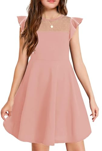 Arshiner Vestido de Verano para niñas, de Manga Corta, Estilo Princesa, para Fiestas, con Cuello Redondo, Informal, hasta la Rodilla, para Fiestas, de Ocio, Color Rosa, 130
