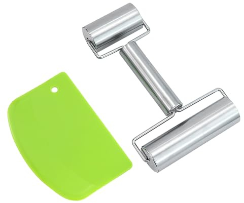 1 Pezzi Bastona con due ruote in acciaio inox con Rasciatrice semicircolare,Mattarello Doppio Acciaio Inossidabile,Rullo Impasto Doppia Estremità Resistente,per biscotti, pasta