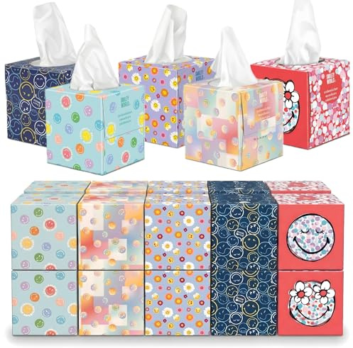 SMILEYWORLD Mouchoirs Ultra-Doux – 20 Boîtes Cube x 48 Feuilles (960 Feuilles) – 3 Plis – 3 Designs – Mouchoirs en Papier Résistants et Saugants (POP EDITION)