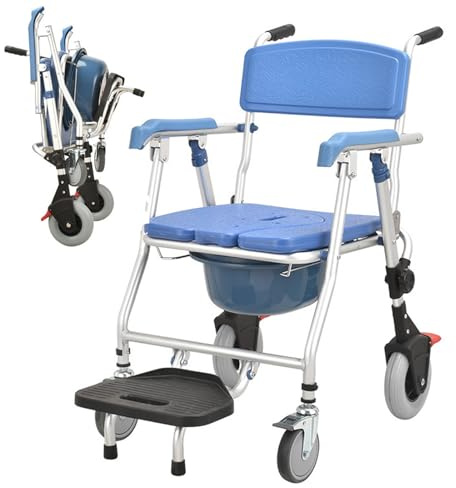 4-in-1-Duschstuhl mit feststellbaren Rädern, klappbarer Toilettenstuhl mit abnehmbarem Töpfchen, klappbaren Fußstützen, wasserdichtem Toilettenstuhl für das Badezimmer für Behinderte, ältere Menschen