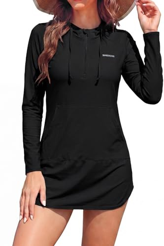 SHEKINI Damen Rash Guard Hoodie Langarmshirts Sonnenschutz Surf Shirt mit Halber Reißverschluss Sport Blusen Badeshirt Surfanzug Schwimmshirt