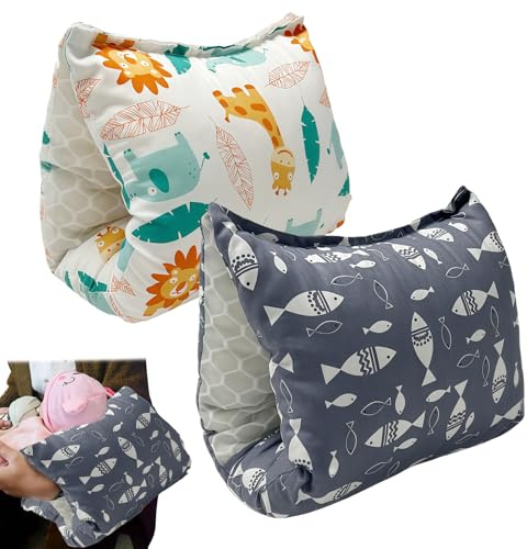 GOEDCH Cojín de lactancia con brazos para viajes: 2 cojines de lactancia para bebés con algodón, soporte ergonómico y cojín de apoyo, para una lactancia y alimentación cómodas (23 cm × 18 cm, diseño