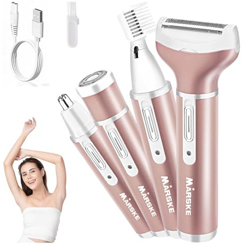Afeitadora Eléctrica para Mujer,4 in 1 USB Recargable Eléctrico Depiladora sin Dolor,Recortadora Femenina Electrica Impermeable,Rasuradora Mujer para Cara,Nariz,Axilas,Piernas,Bikini
