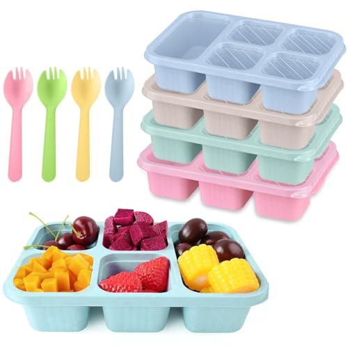 XMSHYODSM Bento Snack Boxes, 4 Pack Reusable Meal Prep Lunch Containers for Kids Adults, 5 Compartments Bento Snack Box Divided Food Storage Containers for School Work Travel (Pink/Beige/Green/Blue)