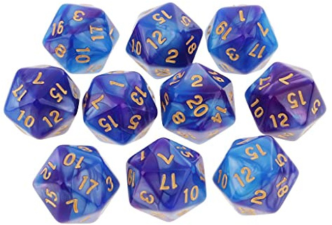 Set di 10 dadi poliedrici D20 bicolore, 20 lati, viola e blu, dimensioni standard da 16 mm, per giochi di ruolo da tavolo