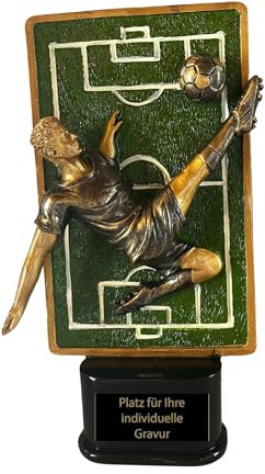Fussball Pokal 23,5 cm - Resin Figur Fallrueckzieher - Turnier Trophaee | Bronze-Optik Spielerfigur mit Gravurschild, 590 g schwere Ausfuehrung fuer Meisterschaften, Vereine und Sport Turniere