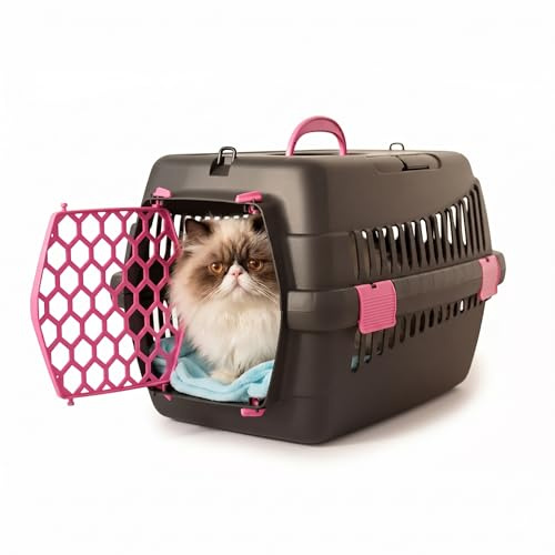 Happet Katzentransportbox Teddy M Fuchsia 56x37x37 cm – Stilvolle Katzen Transportbox aus Kunststoff mit Belüftung & sicherer Tür, komfortable Tiertransportbox für Katzen, kleine Hunde & Kleintiere