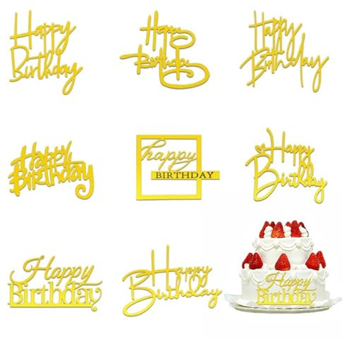 8Pcs Happy Birthday Cake Toppers,Gold Mirror Acrylic Side Cake Decorations