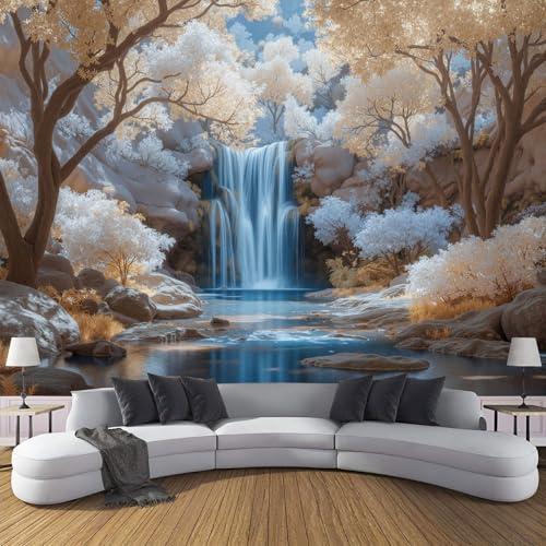 ZISTRCBAO Fotomurales Cascada Hojas Doradas 300x210cm, Papel Tapiz Fotográfico Seda Arte Fantástico, Oro Blanco Decoración De Pared Sala Cuarto Oficina Salón