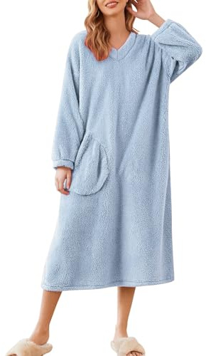 Generisch Camicia da notte da donna, a maniche lunghe, con scollo a V, abito invernale lungo, in pile, morbido, casual, oversize, spessa, per la casa, O azzurro, L