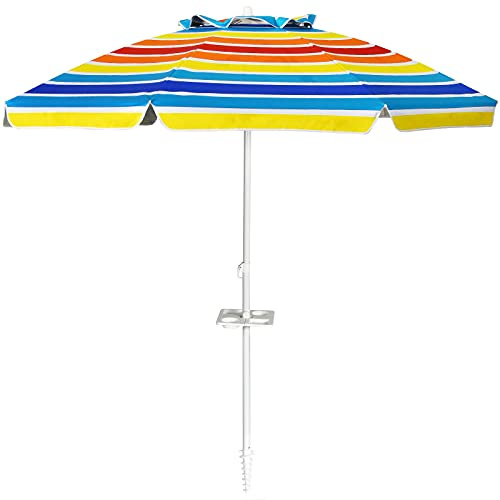 GYMAX Sonnenschirm Strandschirm 220 cm, Gartenschirm Terrassenschirm neigbar & tragbar, runder Marktschirm mit Verankerung & Getränkehalter, für Garten, Sandstrand (Bunt)