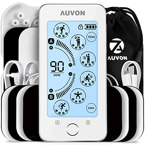 AUVON Touchscreen TENS Machine for Pain Relief, 24 Modes Dual-Channel Rechargeable TENS Machine with 2 x Battery Life, Continuous Mode, Cable Tie, Pad Holder and 8 TENS Pads (White)