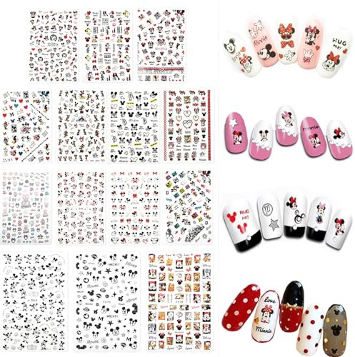 Vpqnee 14 Blatt niedliche Cartoon 3D selbstklebende Nail Art Sticker, Mickey und Minnie Mouse DIY Nail Decals, Nagel Dekoration für Mädchen oder Frauen