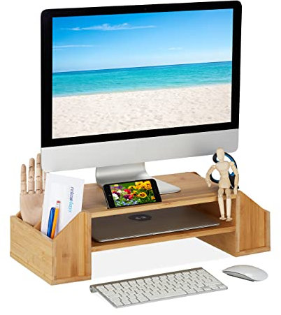 Relaxdays Monitorstativ av bambu, hyllor och fack, HBT: 16 x 57,5 x 25 cm, skärmstativ skrivbord, natur