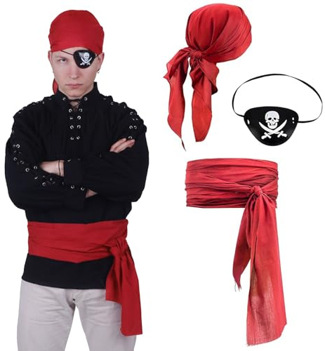 CoolChange Piraten Kostüm Set | mit Kopftuch, Piratenschärpe & Augenklapee | Freibeuter Verkleidung | Rot