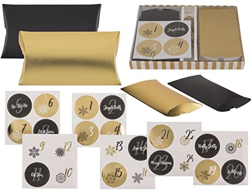 Set Adventskalender zum Selberfüllen Selbstbefüllen DIY-Adventskalender zum Basteln & Befüllen mit 24 Kissenschachteln ca.12,5x7x1,5cm, 24 Zahlensticker und 3,6m Juteschnur (Gold-Schwarz)