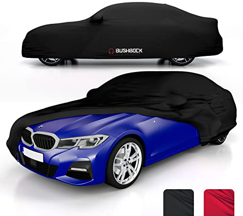 BUSHBOCK® Premium Autoabdeckung Indoor - Satin Schutzhülle Stoff - Abdeckplane Autoplane Autogarage Innenbereich - 2 Farben, 4 Größen (Schwarz, L)